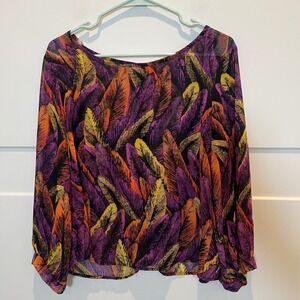 Wish Feather‎ Print Blouse Womens Large Long Sleeve Colorful Feather Crop Top